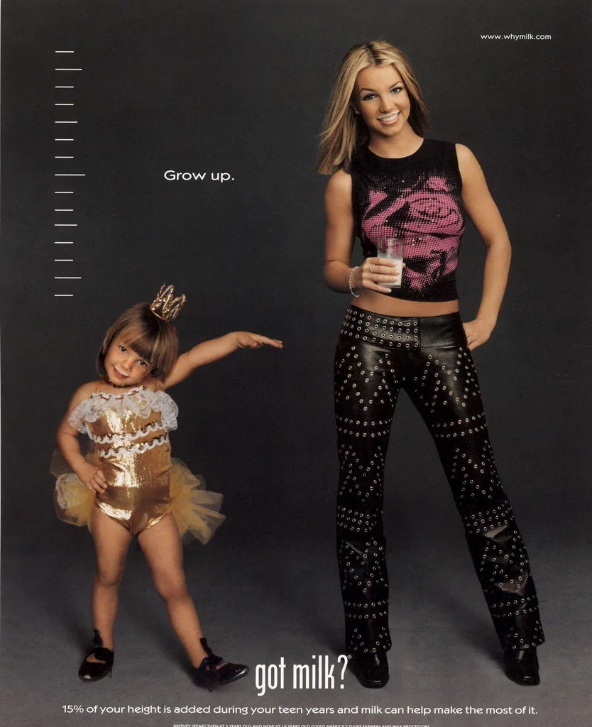 Britney Spears age-three and age-eighteen Grow up milk mustache composition