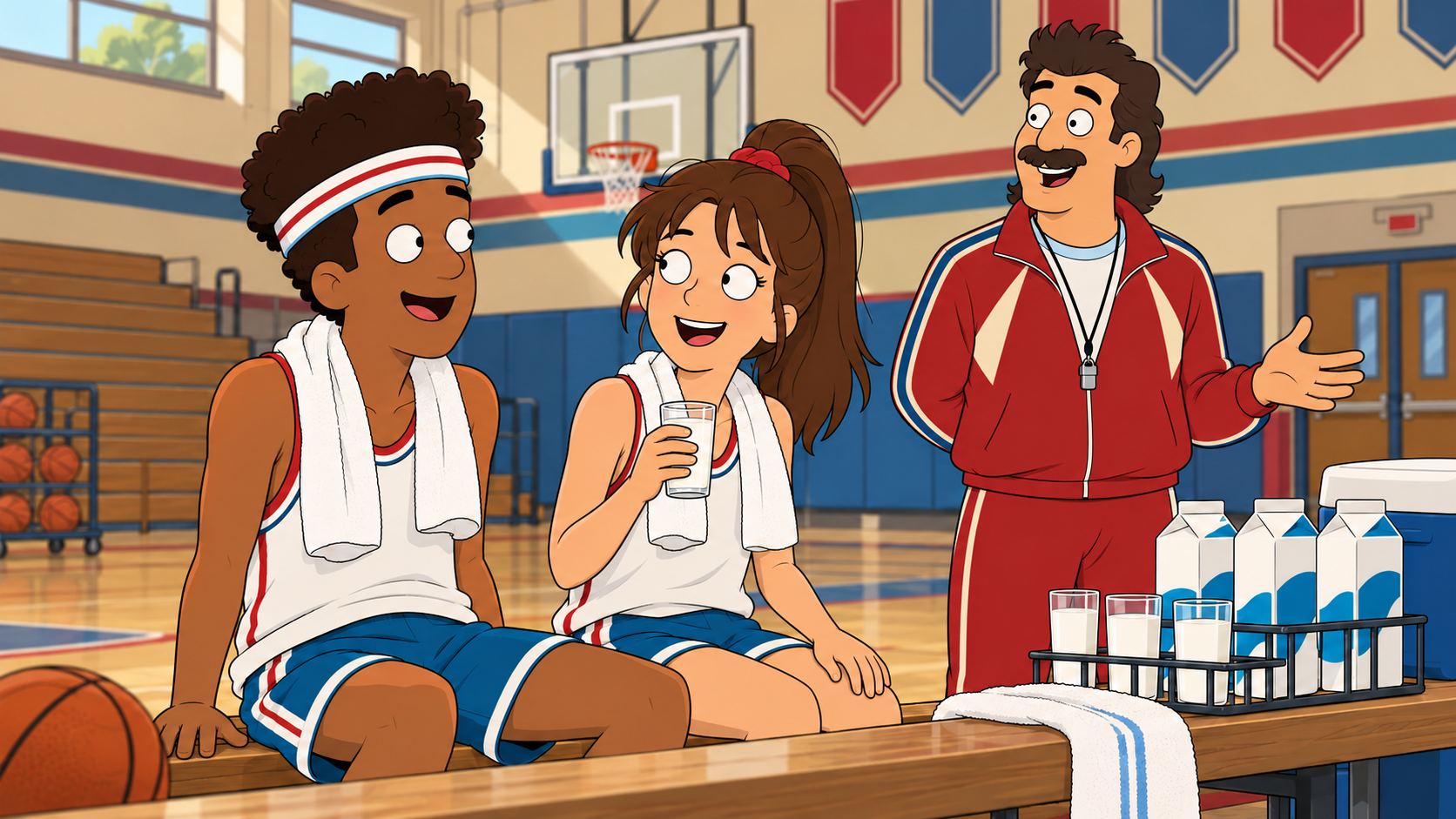 Illustrated 1980s school gym scene with young athletes and milk