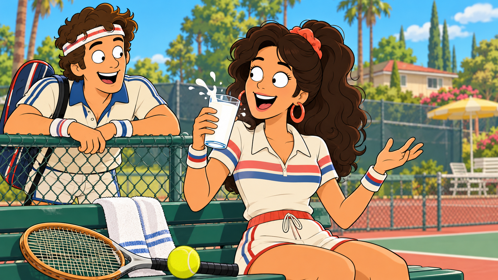 Illustrated early-1980s tennis court scene with a refreshing glass of milk