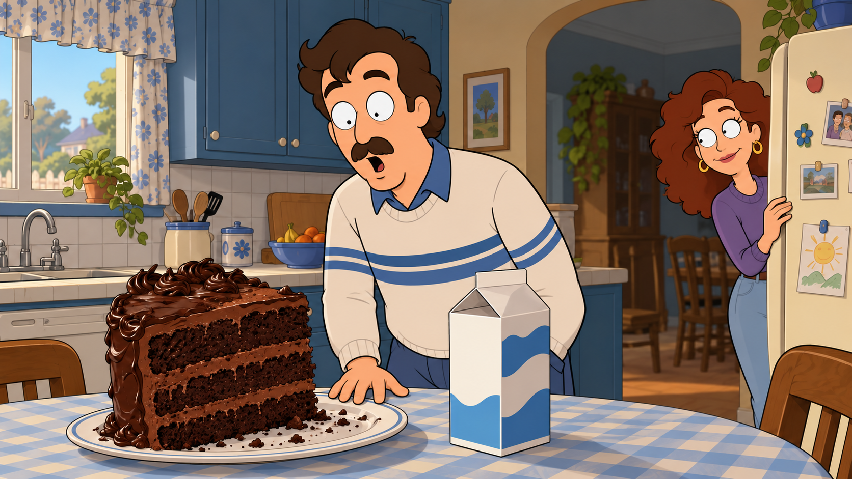 Illustrated kitchen scene with chocolate cake and an empty milk carton