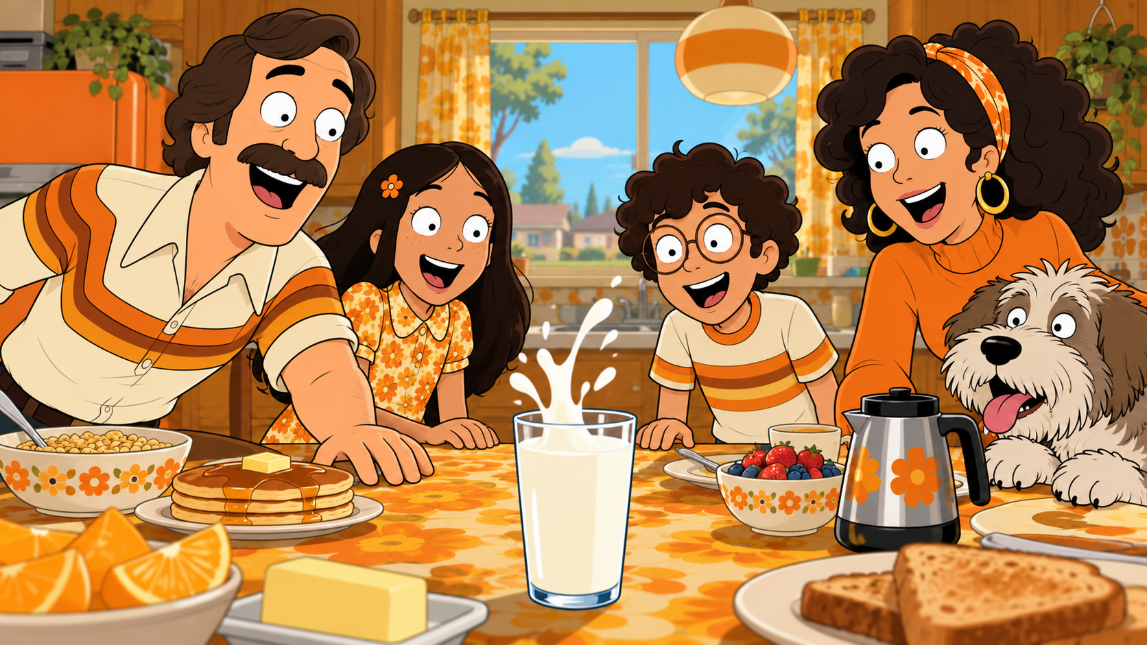 Illustrated family breakfast scene from the late 1970s