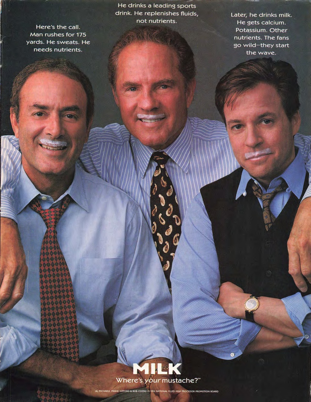 Al Michaels / Frank Gifford / Bob Costas — Clean no-background version — Sports Illustrated Aug 26 1996 back cover