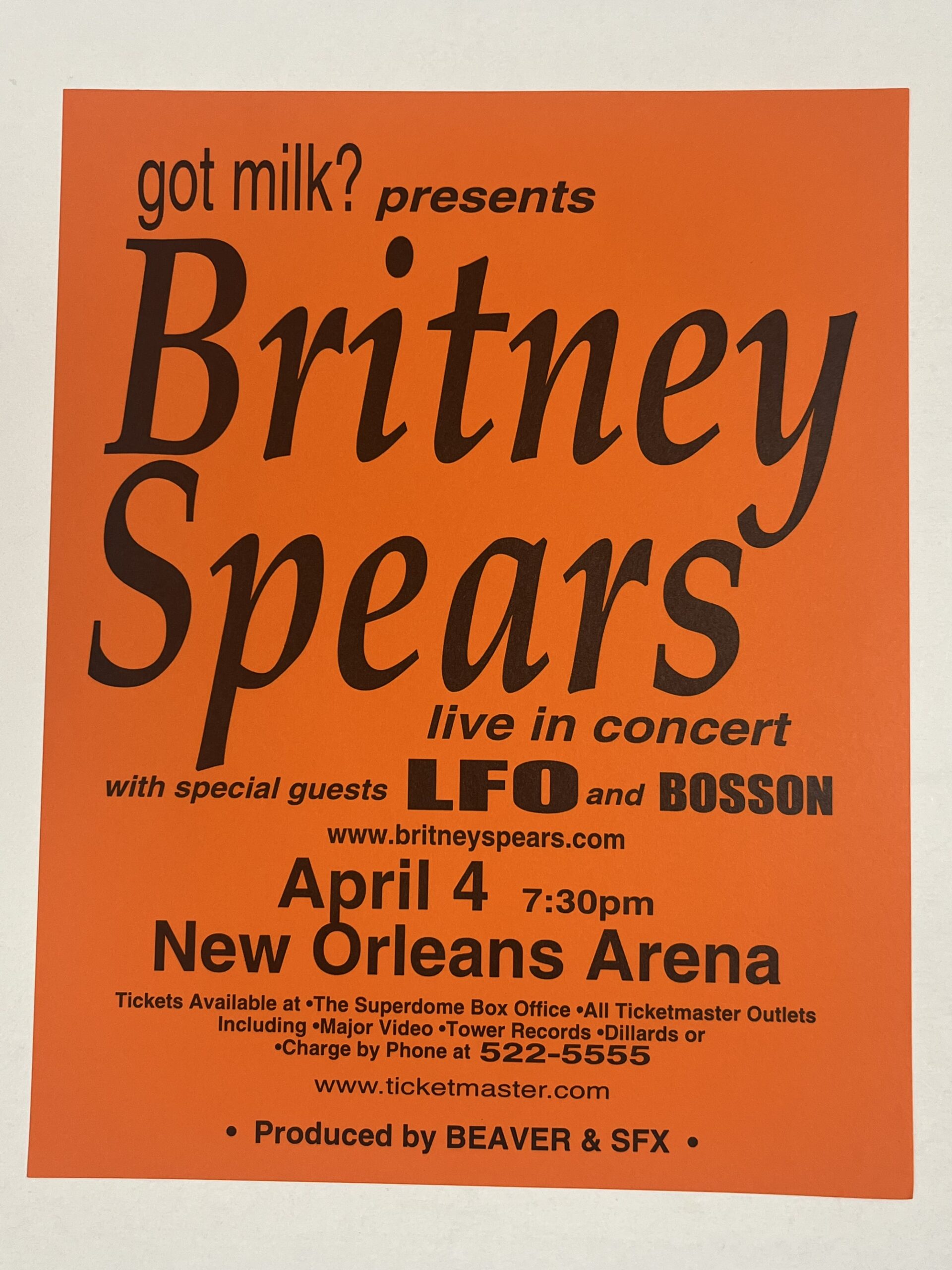 Got Milk presents Britney Spears live in concert, New Orleans Arena, April 4 2000 orange telephone-pole poster