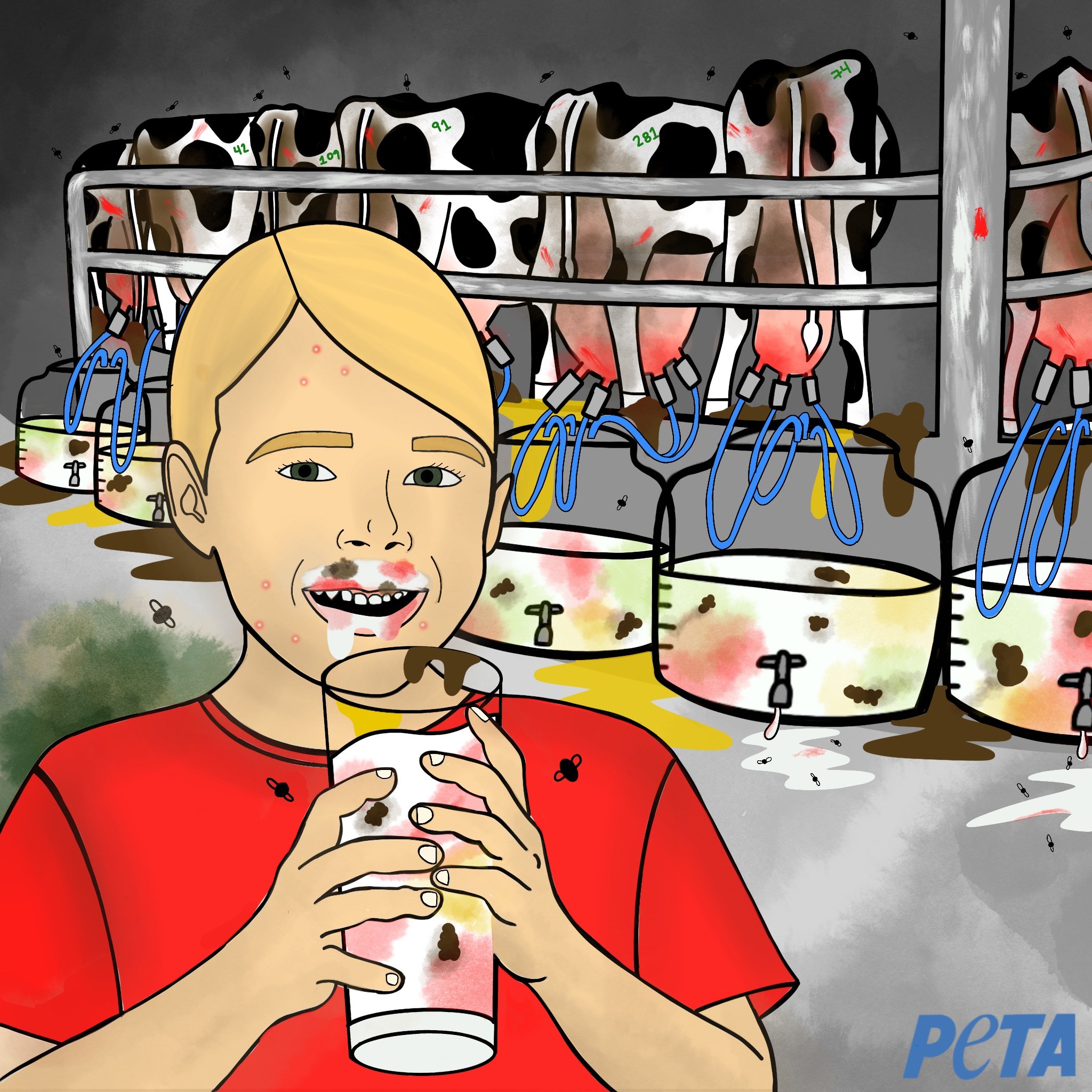 PETA — cartoon of a child with a milk moustache in a dairy shed