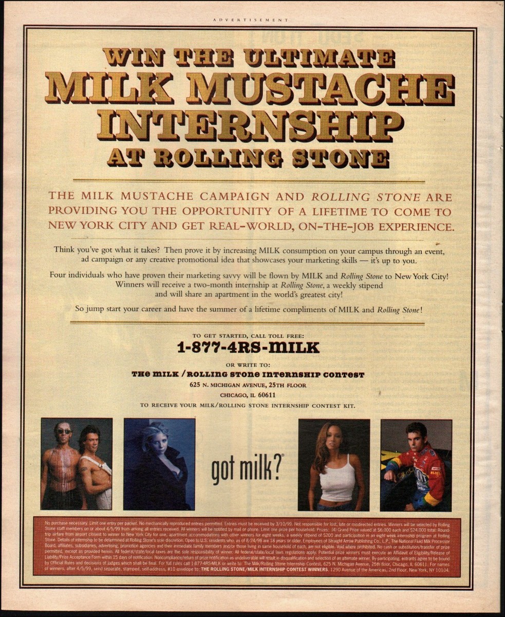 Milk Mustache Internship at Rolling Stone contest advertisement — recovered exact campaign visual, version mapping unresolved