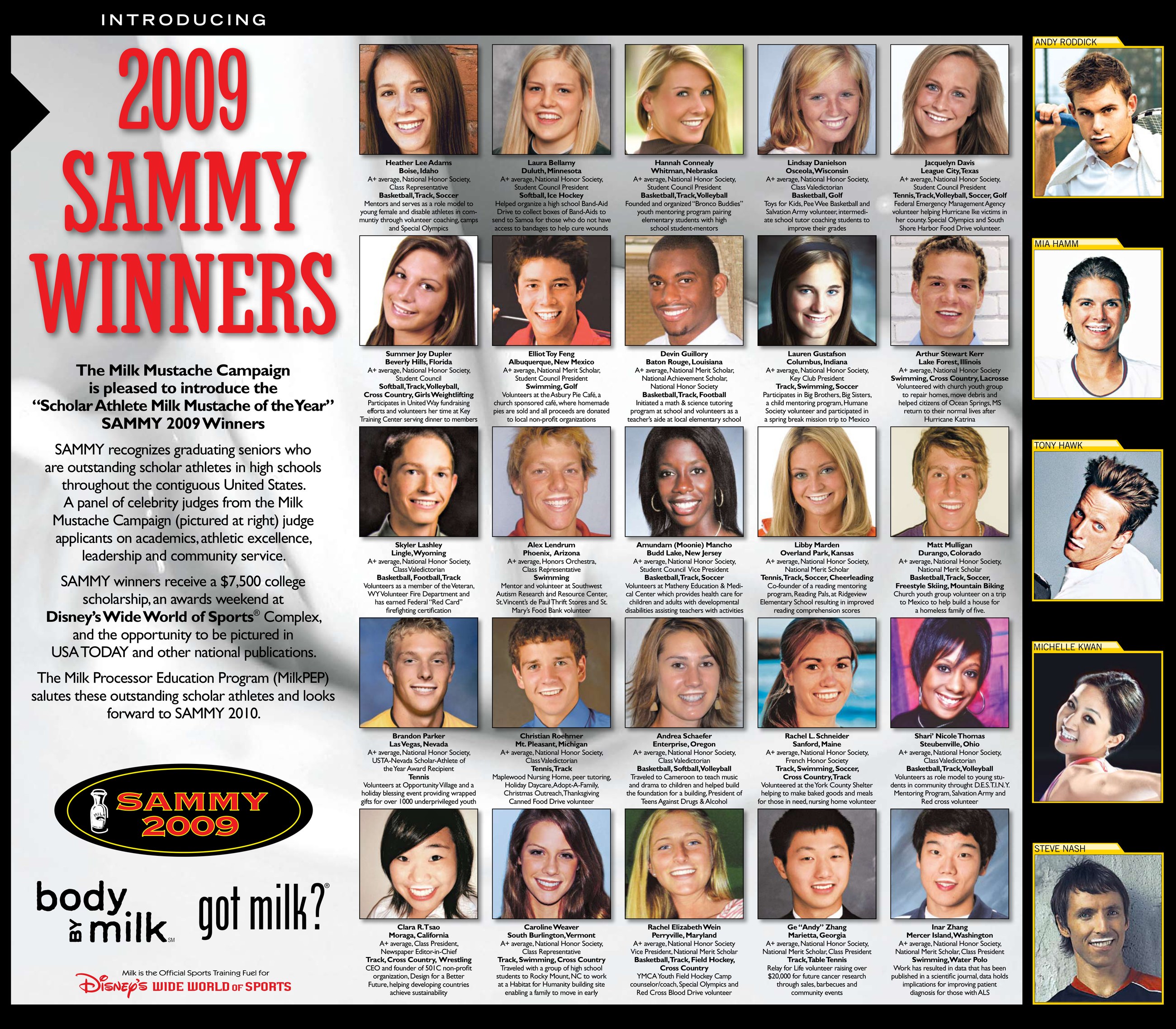 2009 SAMMY Winners — Scholar Athlete Milk Mustache of the Year (25 winners + celebrity judges)