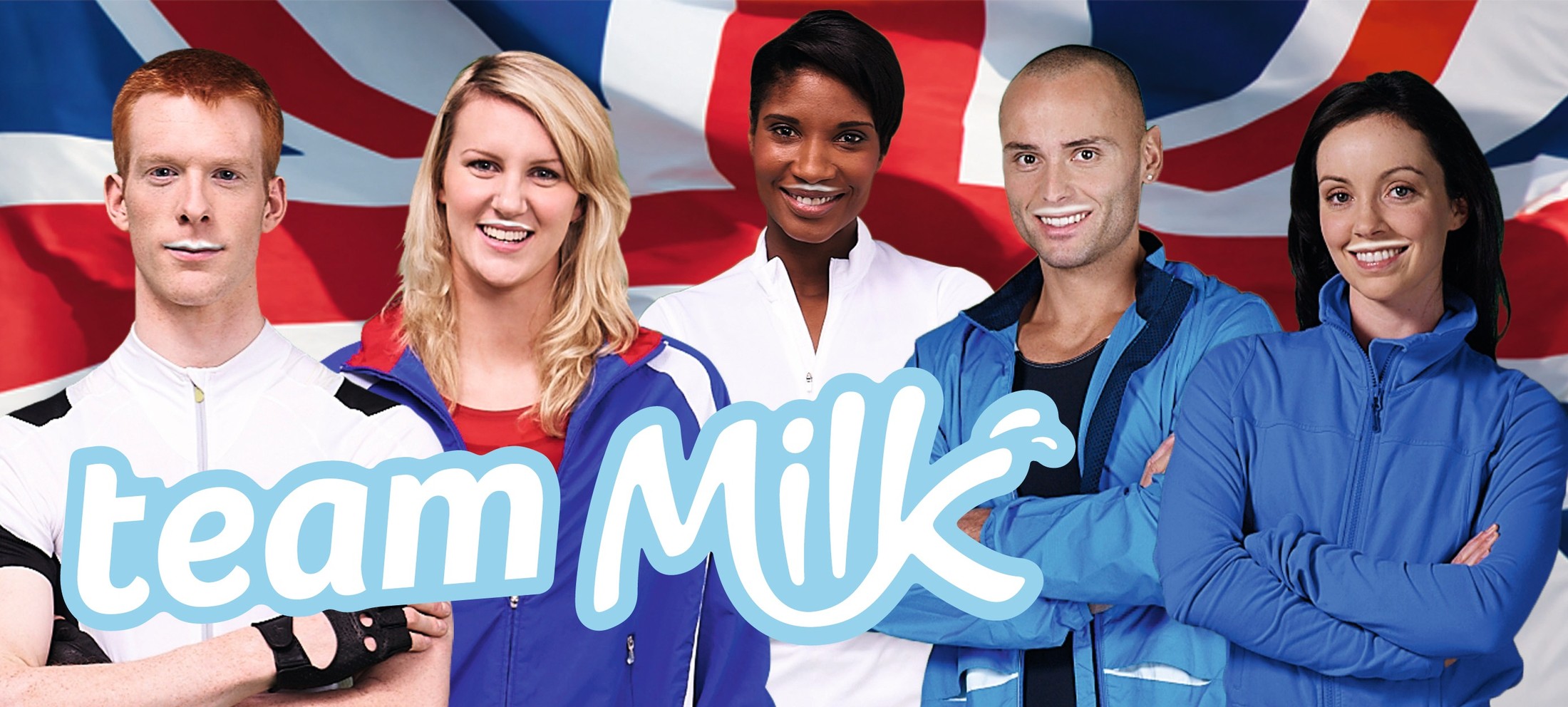 Team Milk UK — Denise Lewis / Ed Clancy / Stefanie Reid / Jazmin Carlin / Andy Turner — Landscape banner version (Union Jack background)
