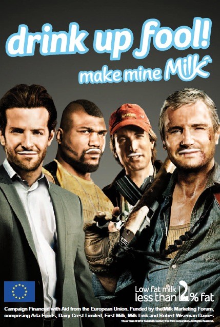 The A-Team cast — Liam Neeson / Bradley Cooper / Quinton “Rampage” Jackson / Sharlto Copley — Make Mine Milk UK — Portrait print version with EU and less-than-2%-fat logos (small web file)