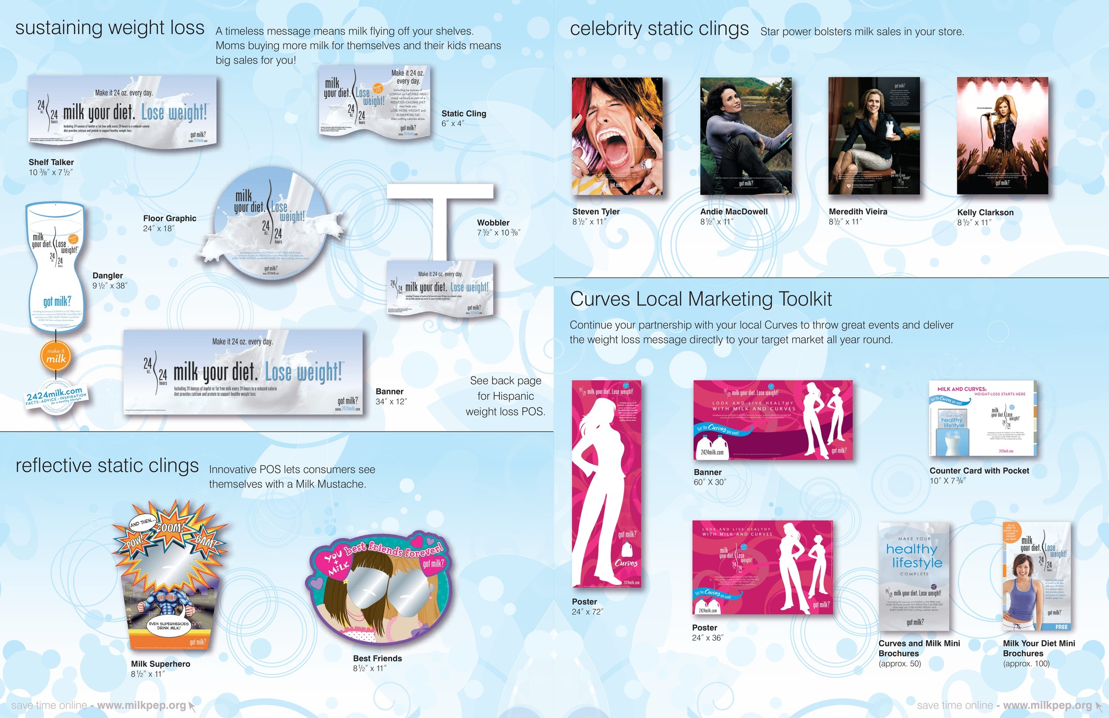 “off-the-shelf milk POS 2006” — got milk? retailer sell sheet — Inside spread — celebrity milk-mustache static clings and weight-loss POS