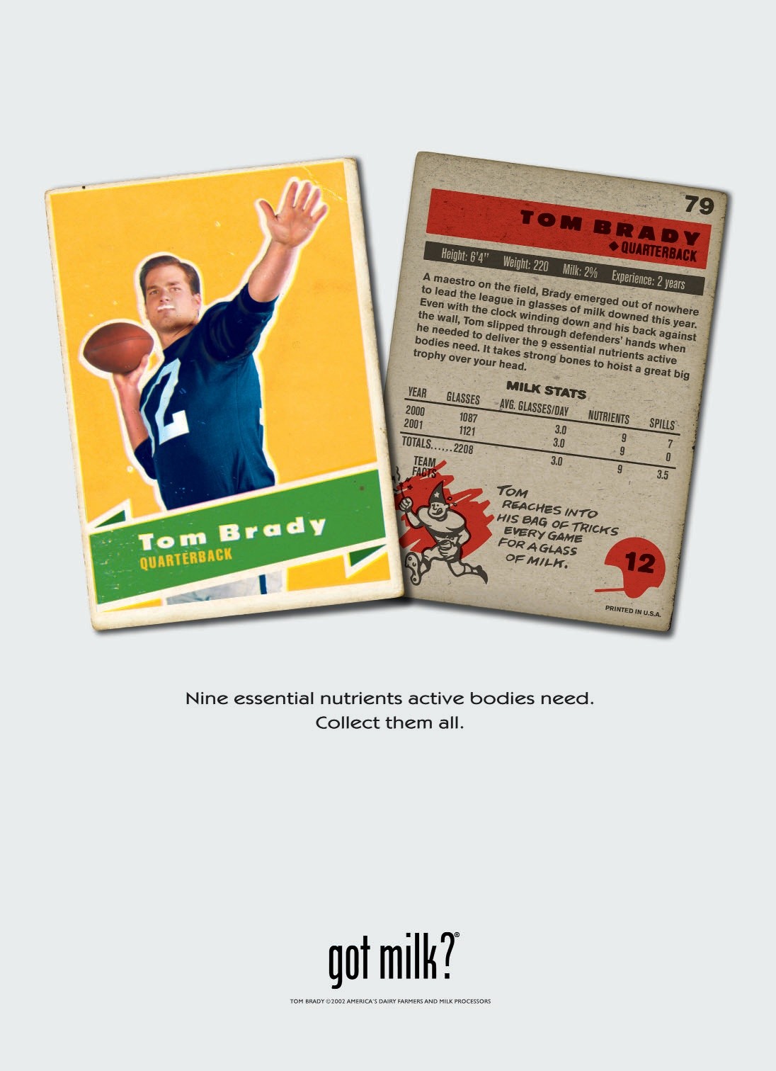 Tom Brady — trading card “Nine essential nutrients active bodies need. Collect them all.”