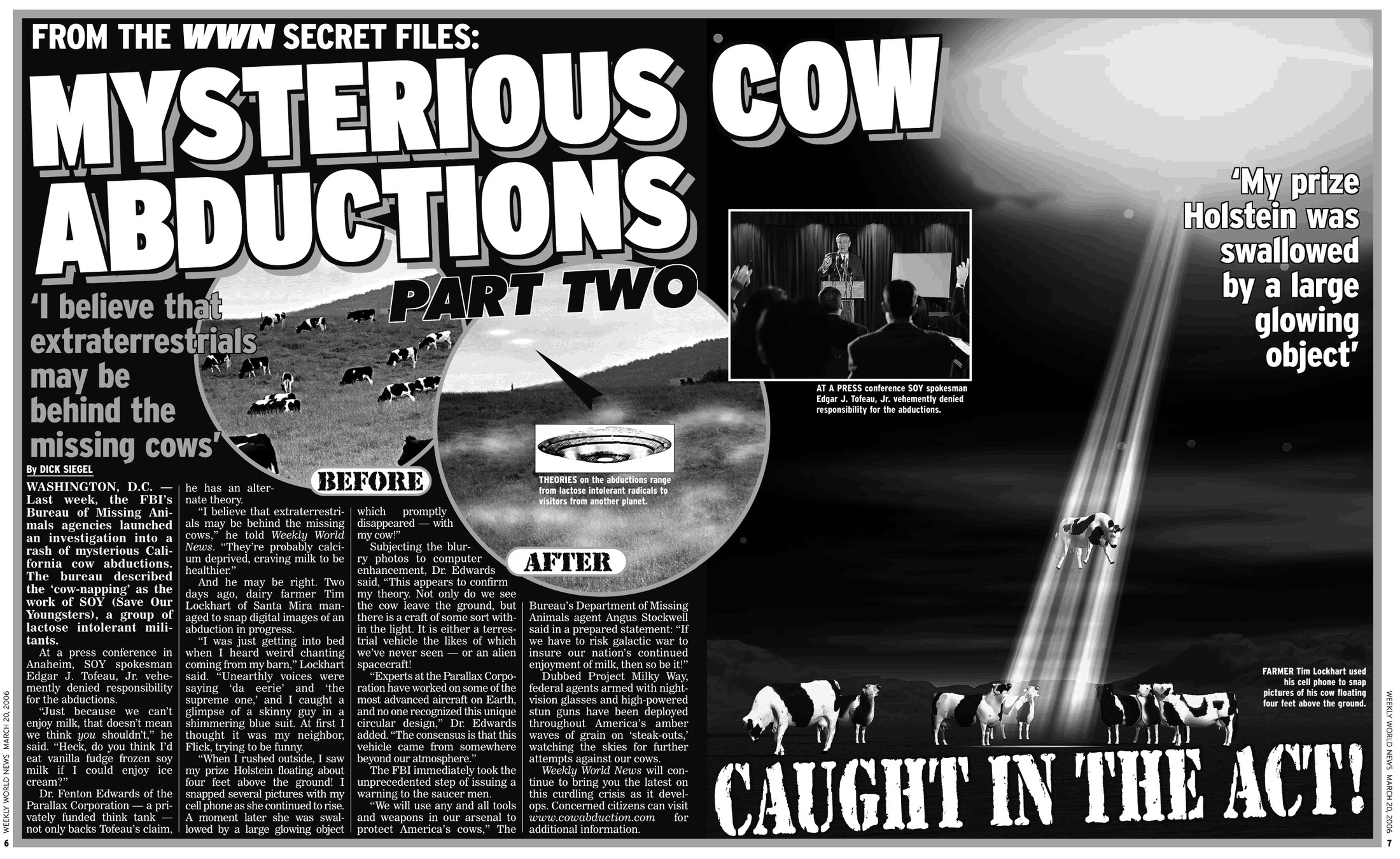 got milk? — “Mysterious Cow Abductions” Weekly World News series — Part Two — March 20, 2006, pp. 6–7
