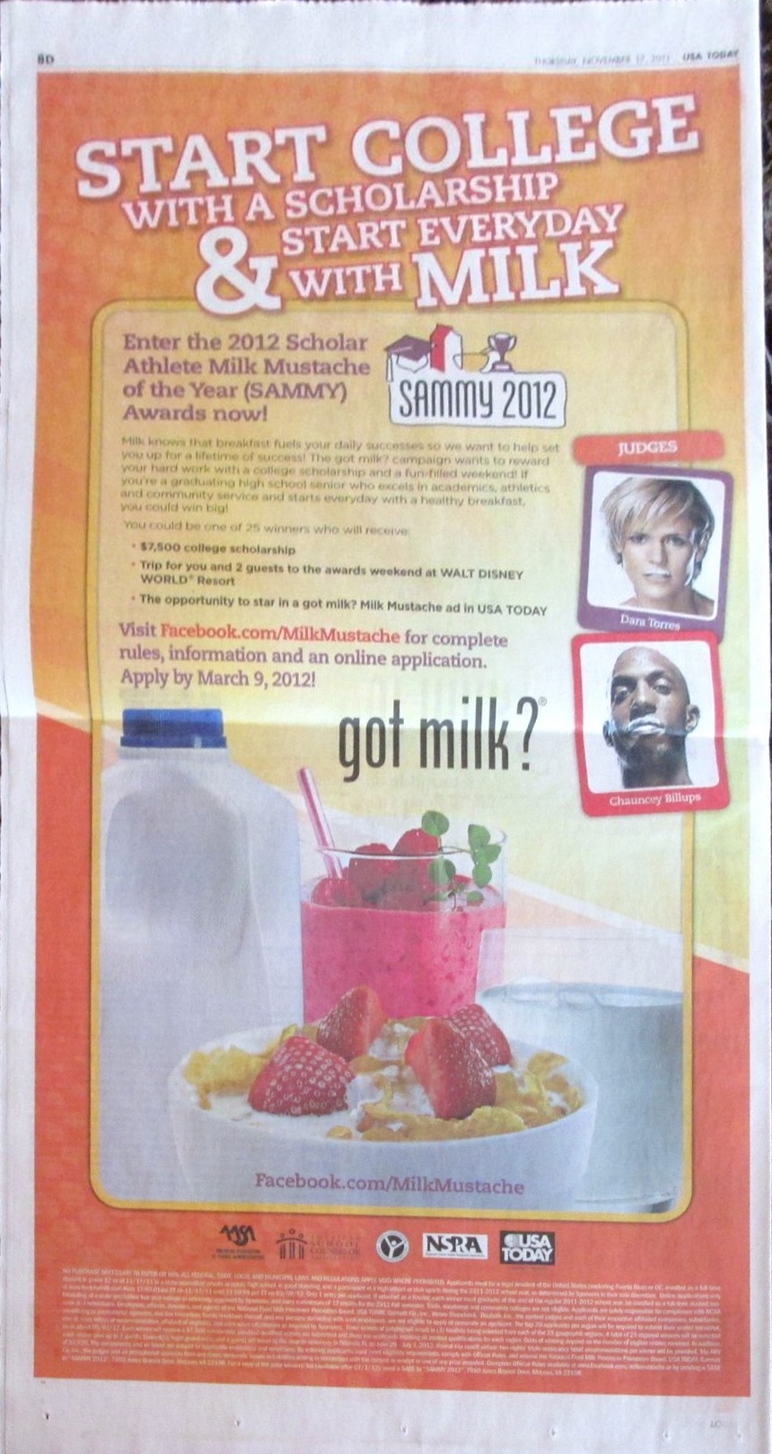 SAMMY 2012 call for entries — “Start College with a Scholarship & Start Everyday with Milk”