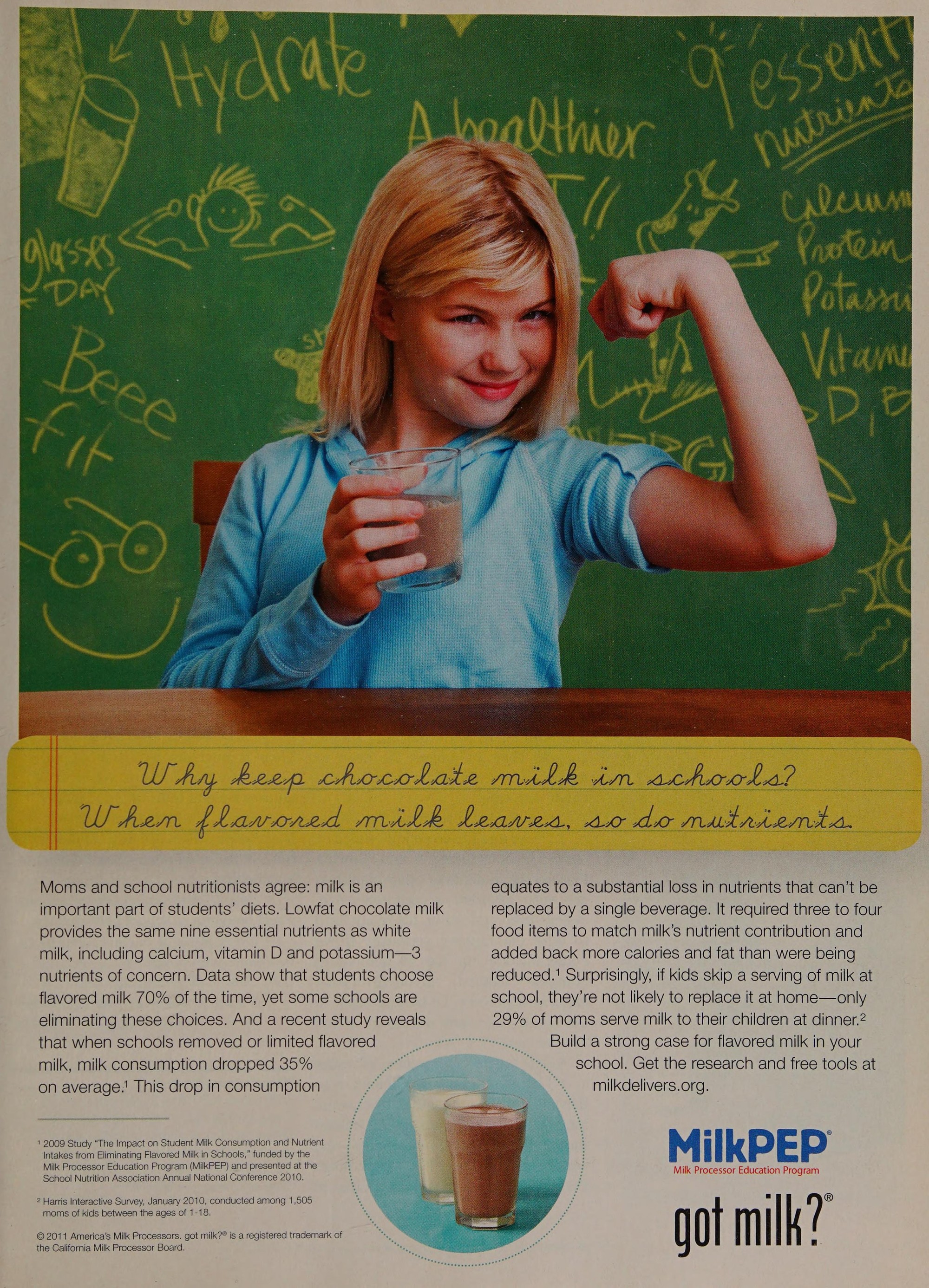 “Why keep chocolate milk in schools? When flavored milk leaves, so do nutrients.” — MilkPEP school trade ad