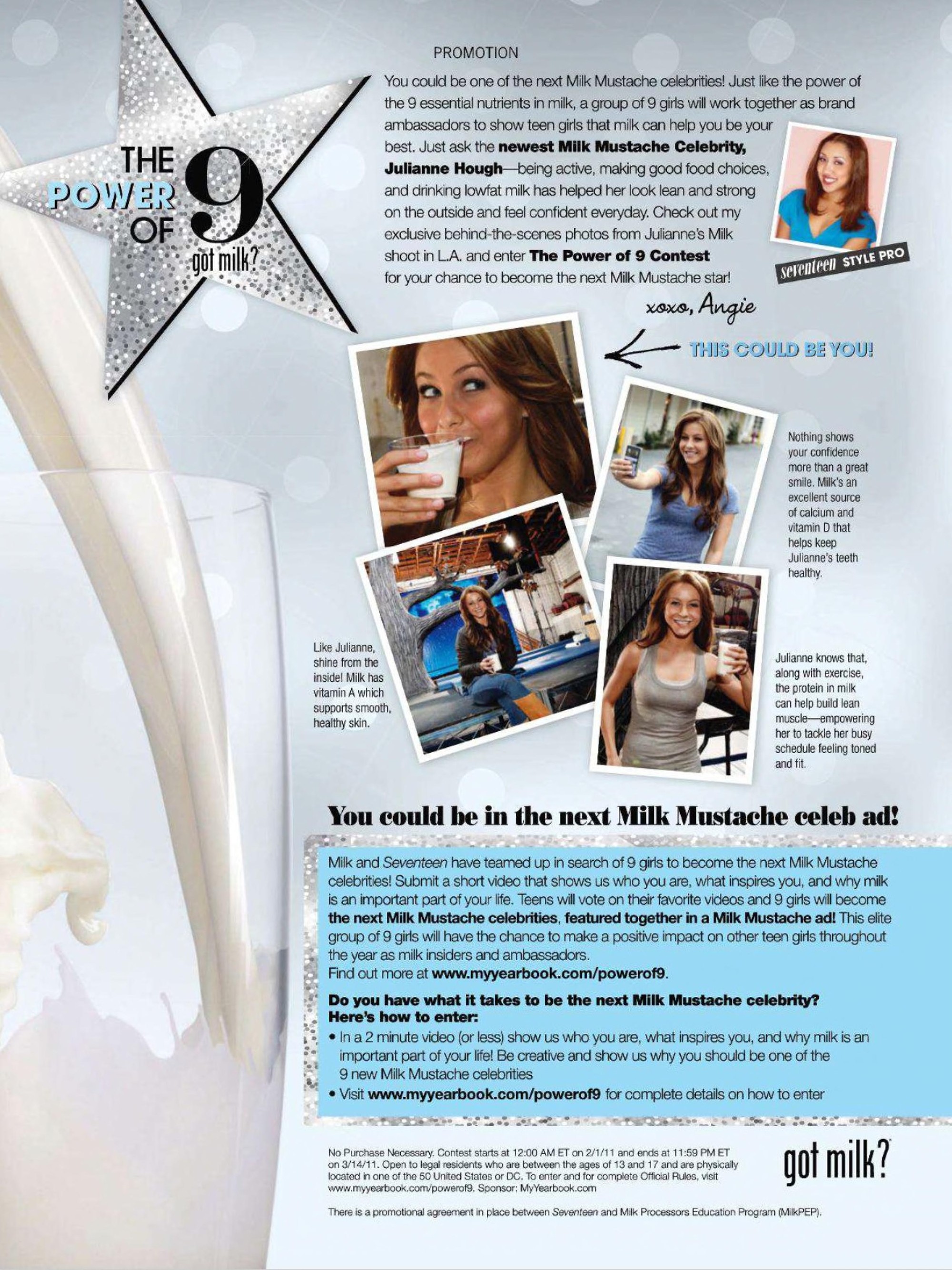 “The Power of 9 — You could be in the next Milk Mustache celeb ad!” — Seventeen contest call (2011)