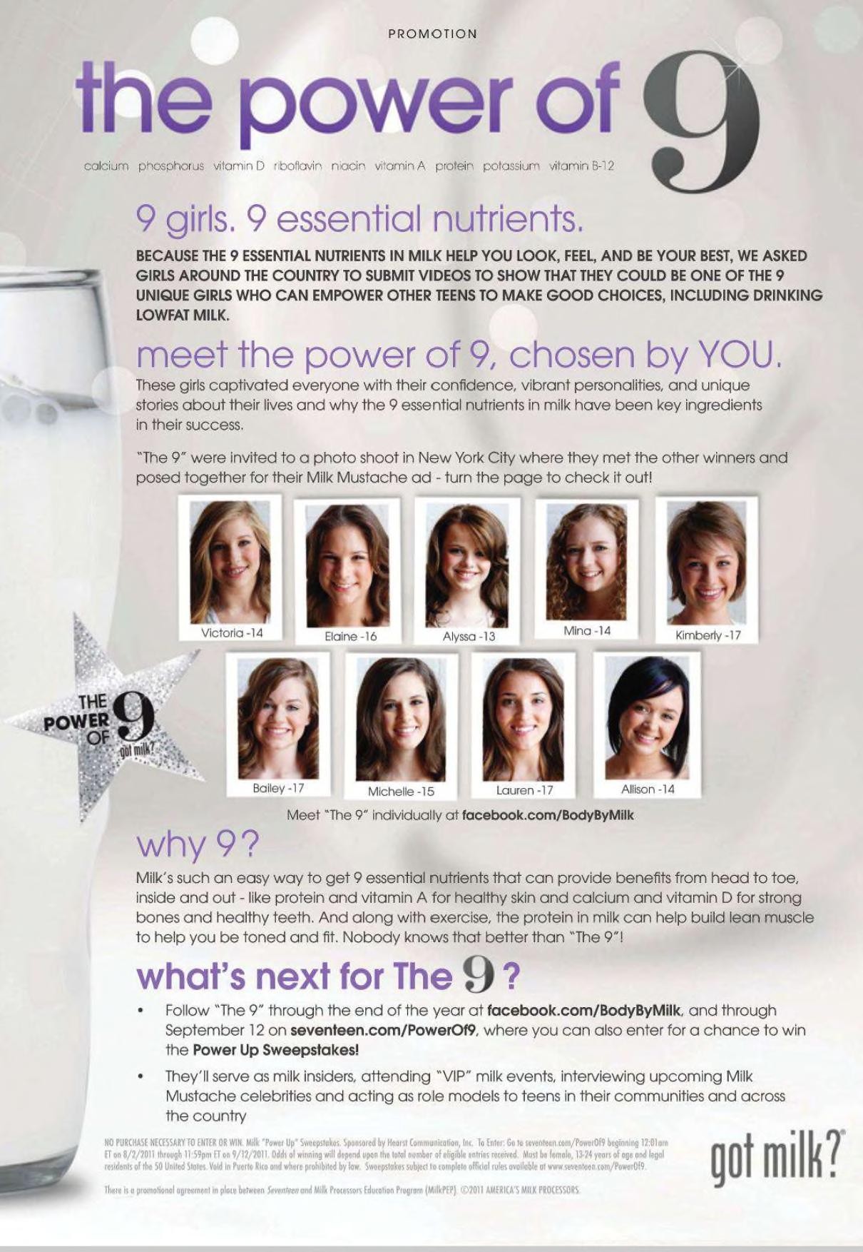 “the power of 9 — 9 girls. 9 essential nutrients.” promotion page, Seventeen, September 2011