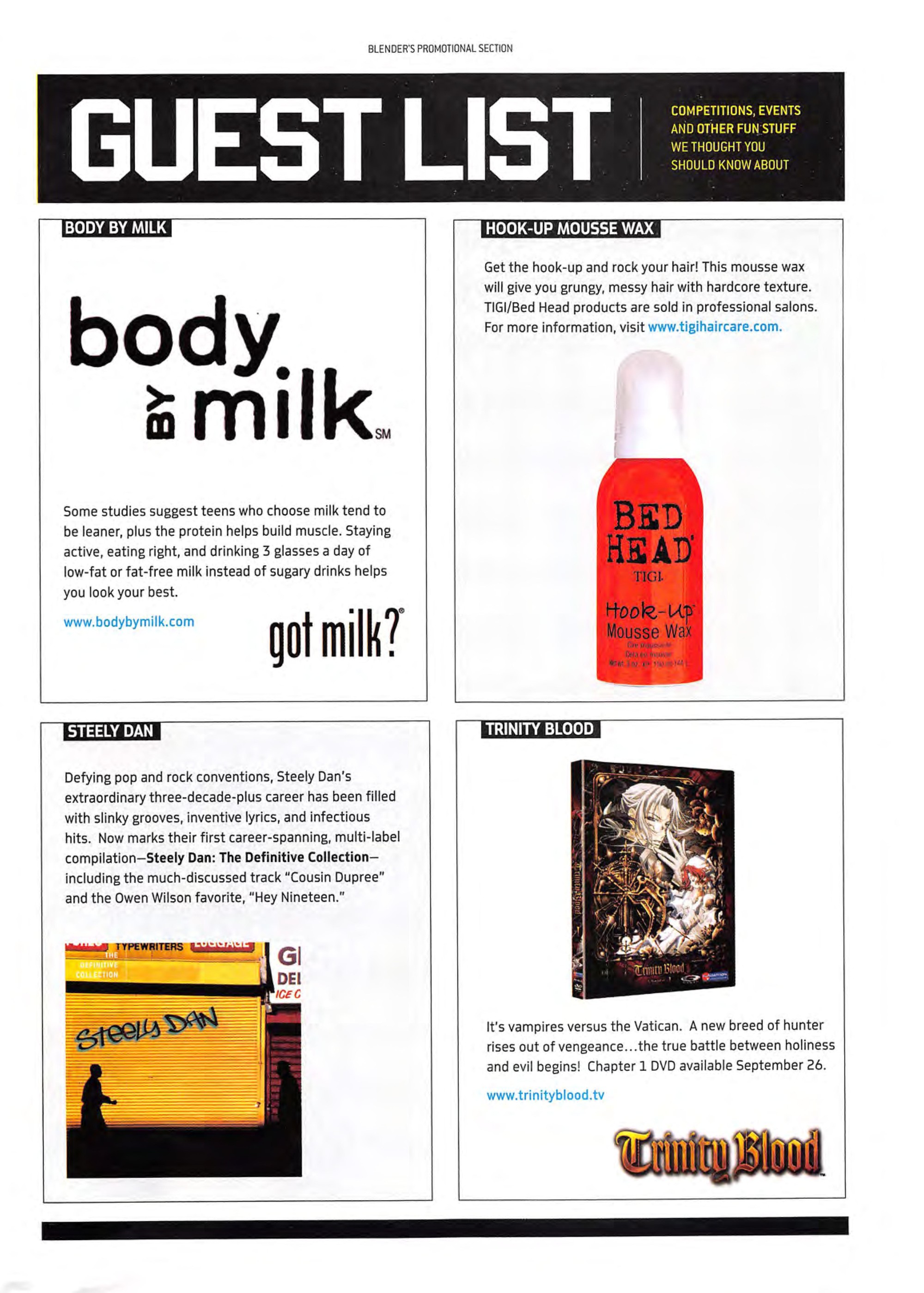 Blender “Guest List” promotions page — body by milk block (2006)