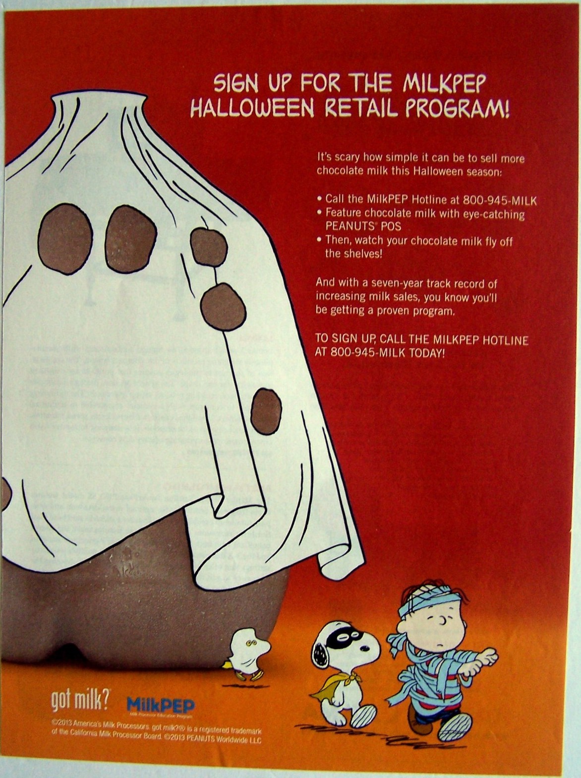 “Sign up for the MilkPEP Halloween Retail Program!” — Peanuts trade ad