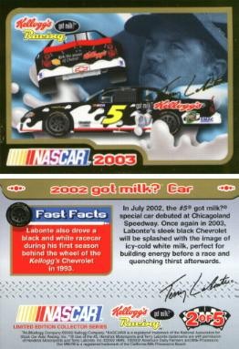 NASCAR 2003 Kellogg’s Racing collector card, “2002 got milk? Car” (card 2 of 5)