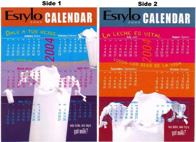 Estylo 2004 calendar, two sides (“Dale a tus hijos...” / “La leche es vital”)