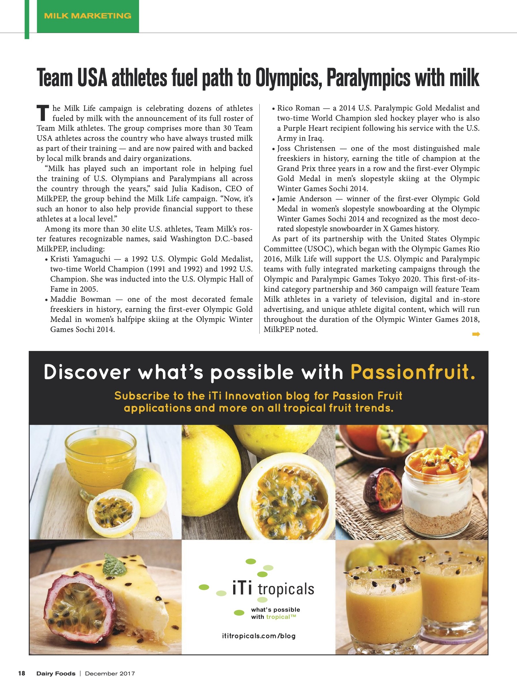 Dairy Foods, December 2017, p. 18: news item “Team USA athletes fuel path to Olympics, Paralympics with milk”, which names Maddie Bowman among the Team Milk athletes
