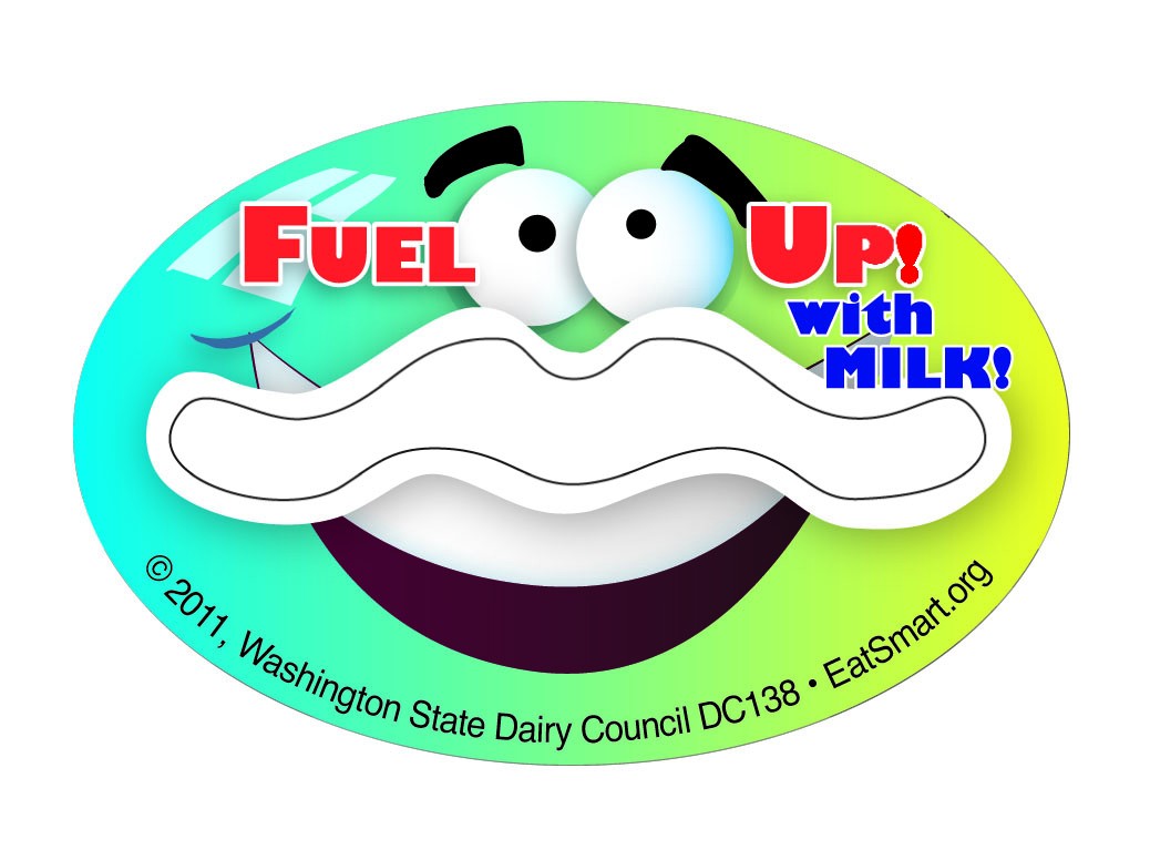 “FUEL UP! with MILK!” moostache sticker — Washington State Dairy Council (2011)