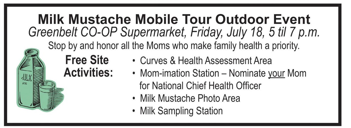 Greenbelt Co-op Supermarket ad with “Milk Mustache Mobile Tour Outdoor Event” box (2008)
