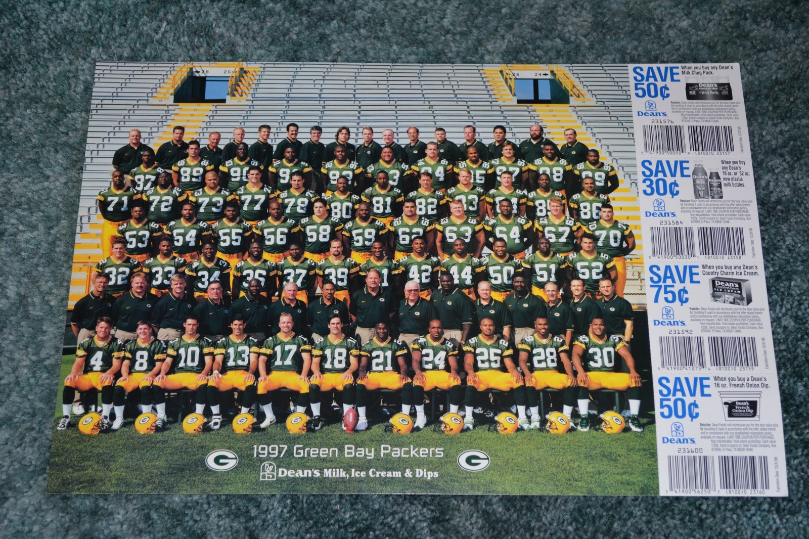 1997 Green Bay Packers team photo with coupons — Dean’s Milk, Ice Cream & Dips