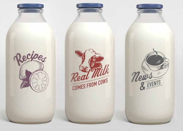 got milk? website logo illustrations by Steven Noble — “Recipes”, “Real Milk Comes From Cows”, “News & Events”, “Television”, “Health Benefits”