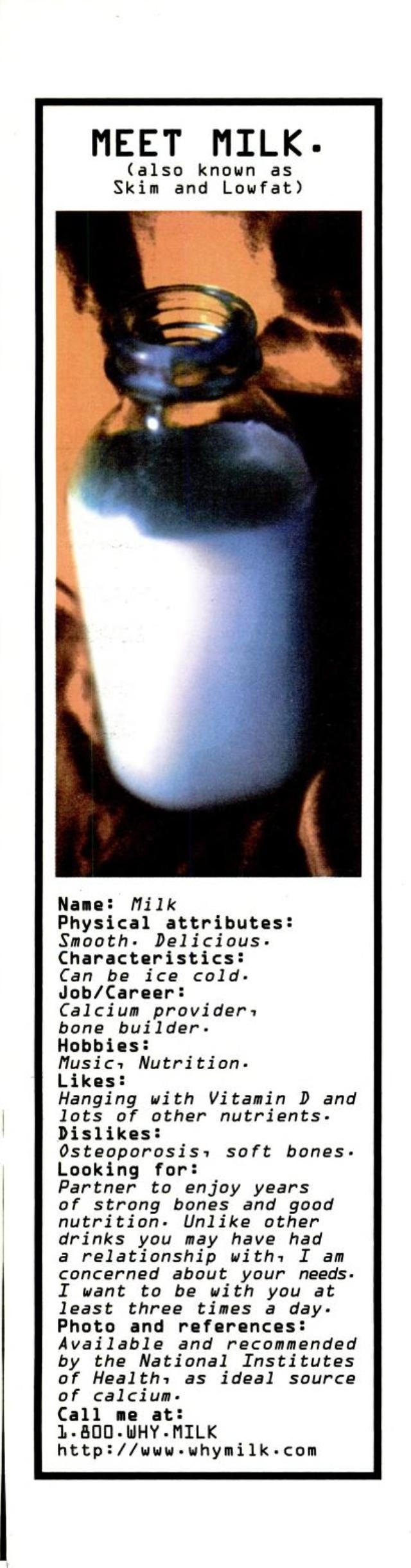“Meet Milk. (also known as Skim and Lowfat)” — 1/3-page personal-ad parody (SPIN, May 1997)