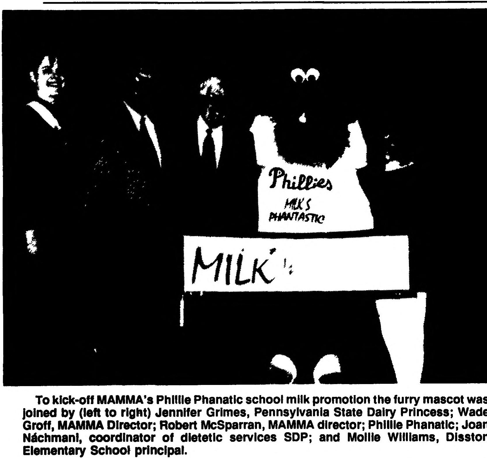 Phillie Phanatic “Milk’s Phantastic” school milk promotion — Middle Atlantic Milk Marketing Association (1994, newspaper photographs)