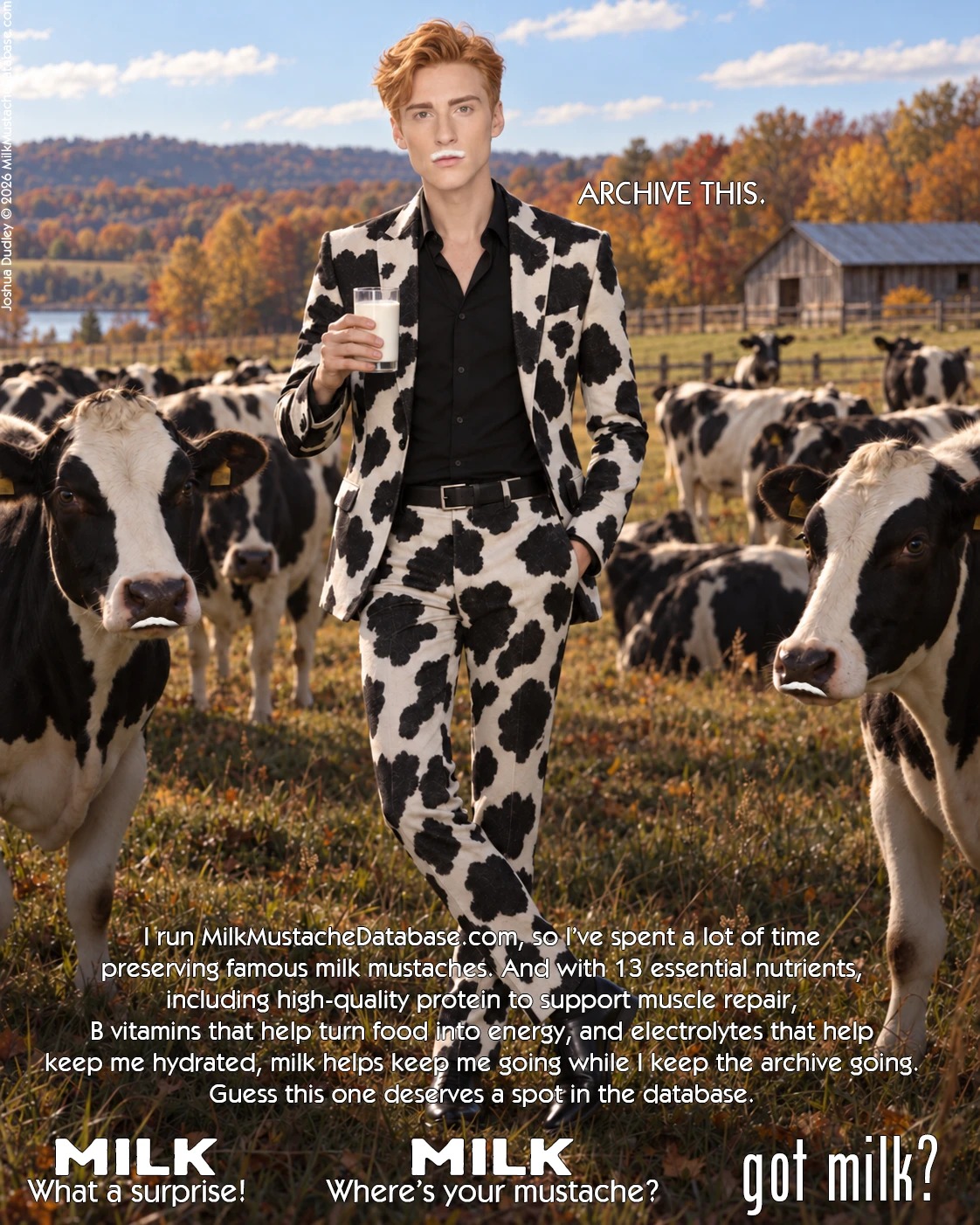 Joshua Patrick Dudley milk mustache ad: “Archive this.” — all three sign-offs