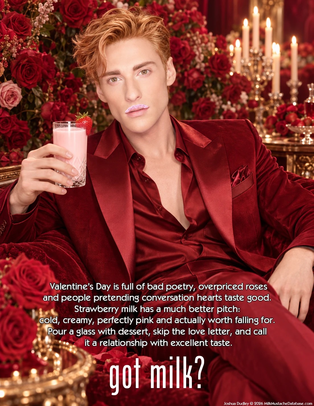 Joshua Patrick Dudley milk mustache ad: Valentine’s Day, strawberry milk — “got milk?”