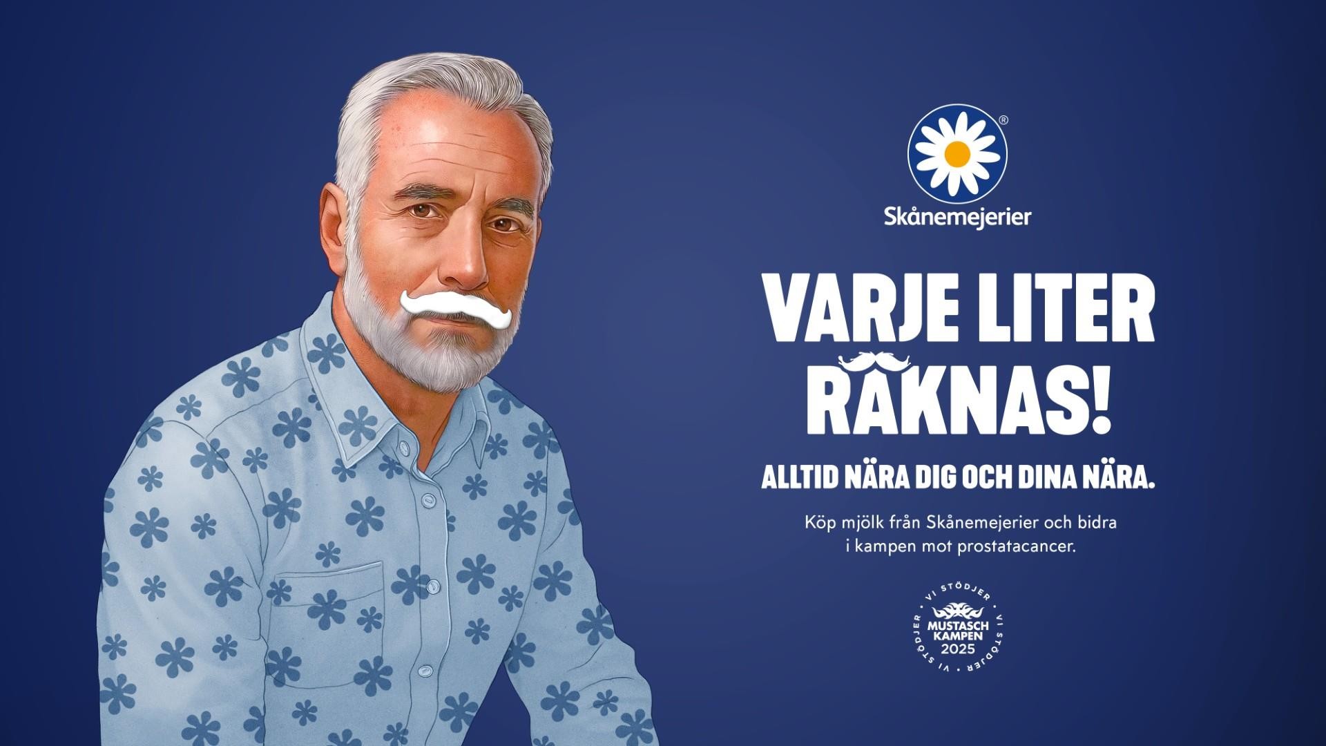Skånemejerier — “Varje liter räknas!” Mustaschkampen 2025 key visual (Sweden)