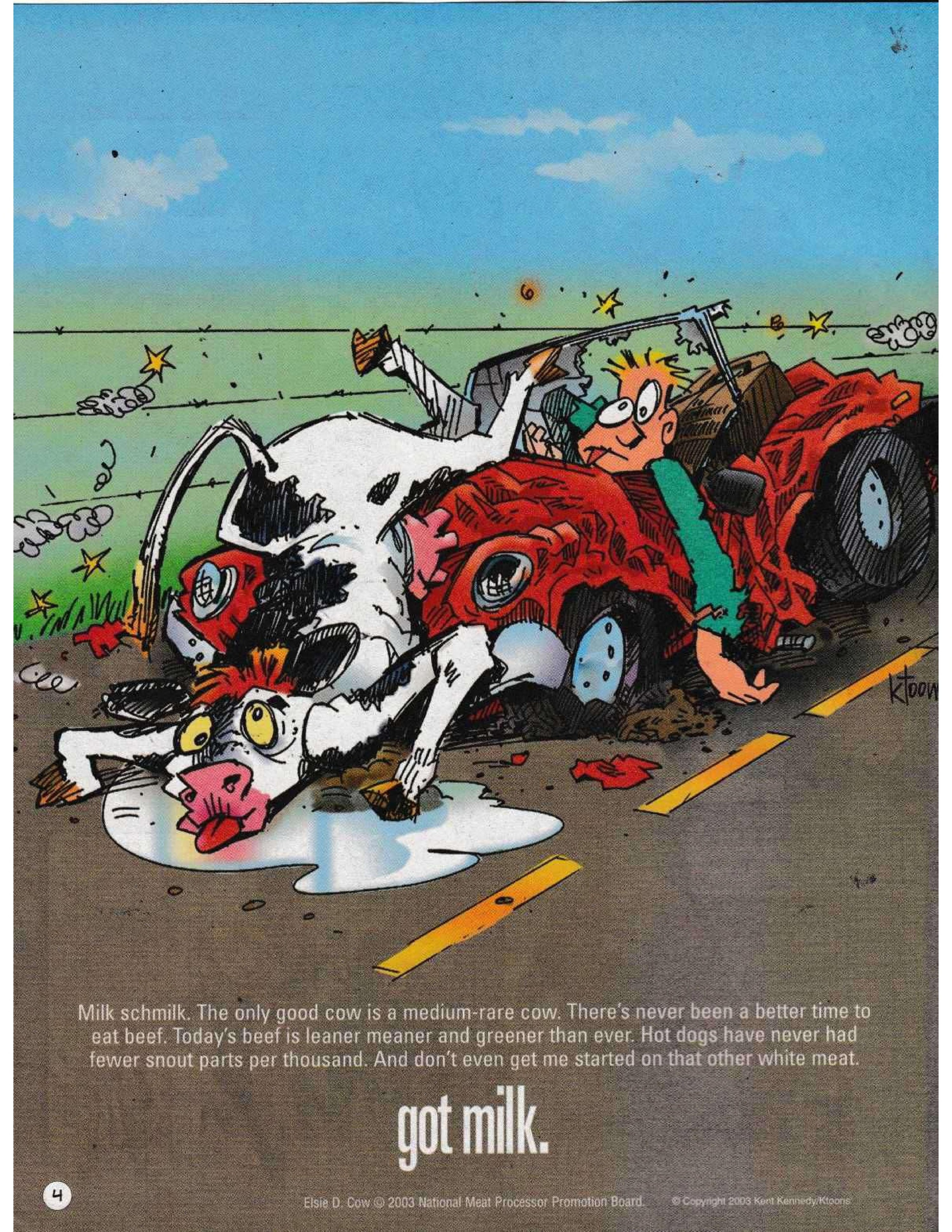 “got milk.” — Cracked beef parody: “Elsie D. Cow © 2003 National Meat Processor Promotion Board” (Cracked #360, May 2003)