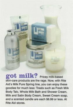 “got milk?” shopping blurb on Rite Aid Milk Pure Spring skin care