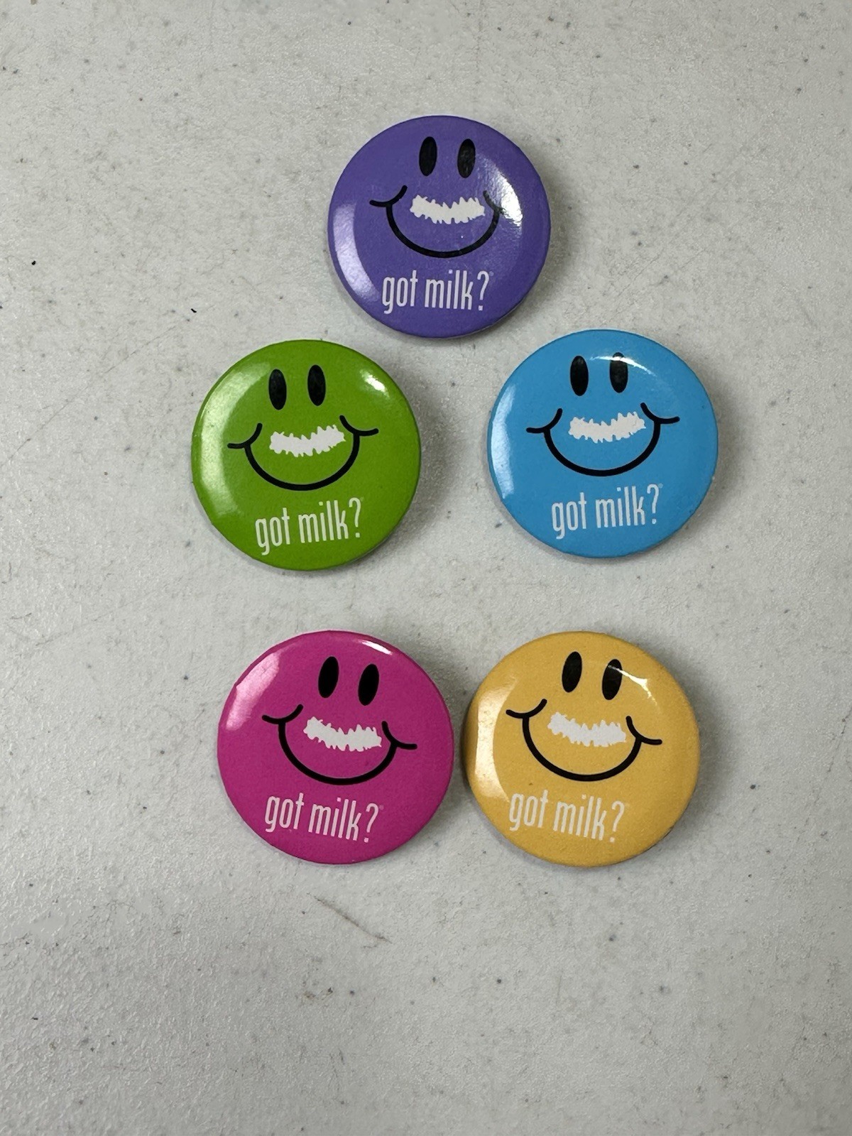 Set of 5 'Got Milk' Buttons (purple/green/yellow/pink/blue)