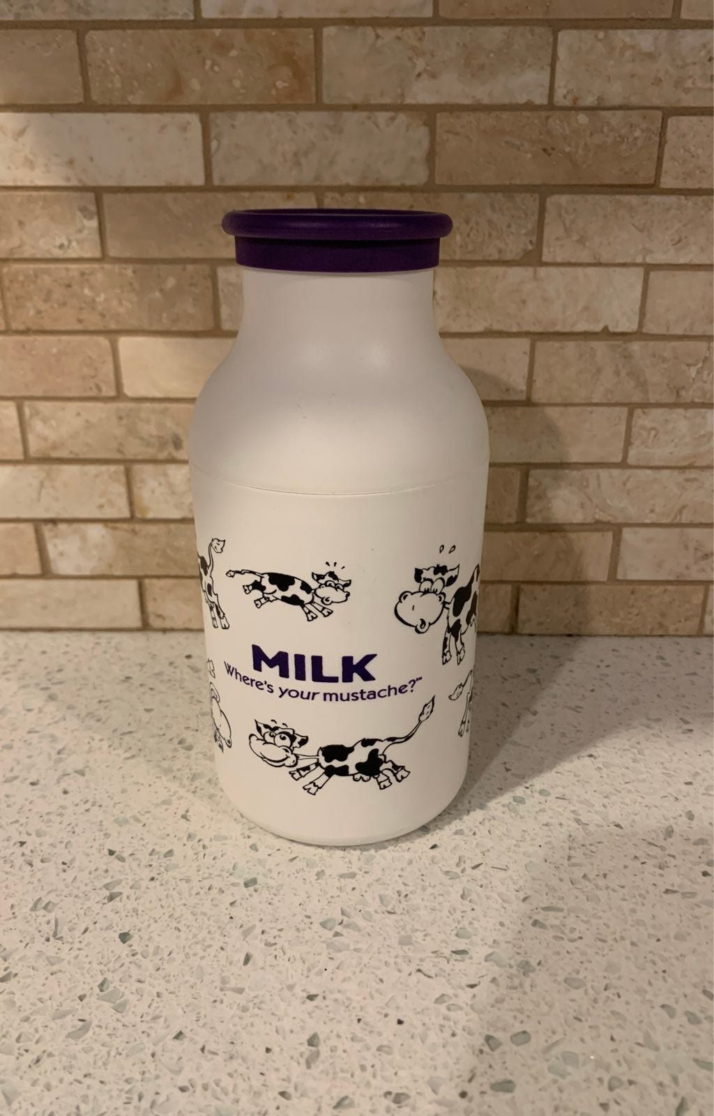 “MILK — Where's your mustache?” Milk Shaker Bottle (purple lid, cows)