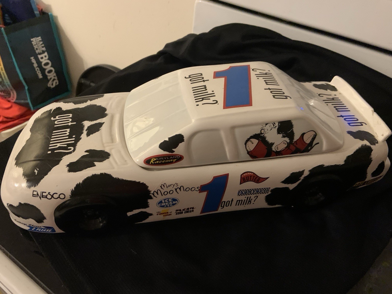 Enesco Mary's Moo Moos got milk? #1 Race Car Cookie Jar