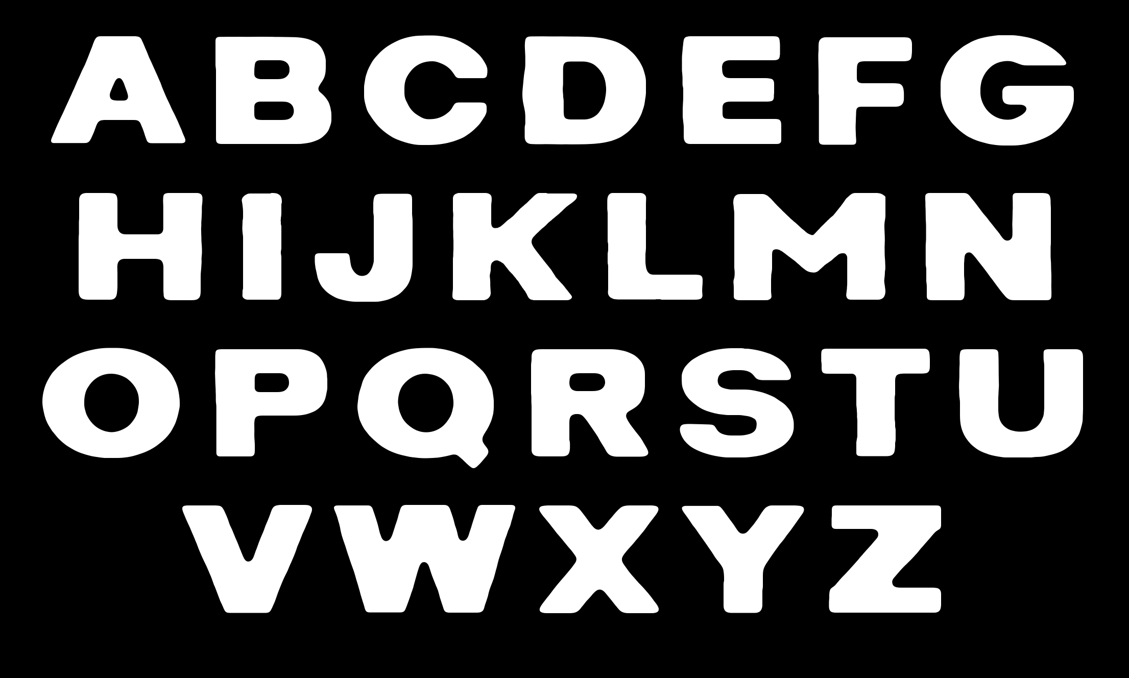 The MilkLogo alphabet, A to Z, white letters on black
