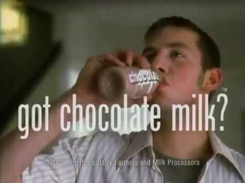 The end of the spot: a young man drinking from a bottle, with “got chocolate milk?” and the 2002 copyright line