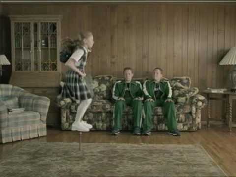 The girl on the pogo stick and the two boys on the sofa