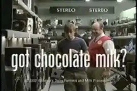 End card over the STEREO aisle: “got chocolate milk?” and the 2002 copyright line (small)