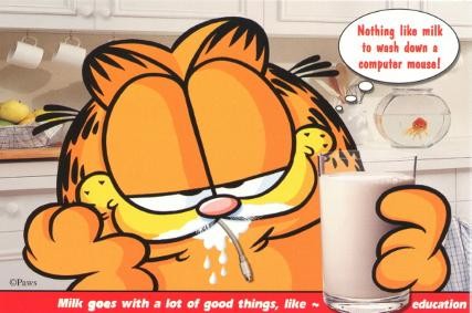 Garfield — “Nothing like milk to wash down a computer mouse!” postcard