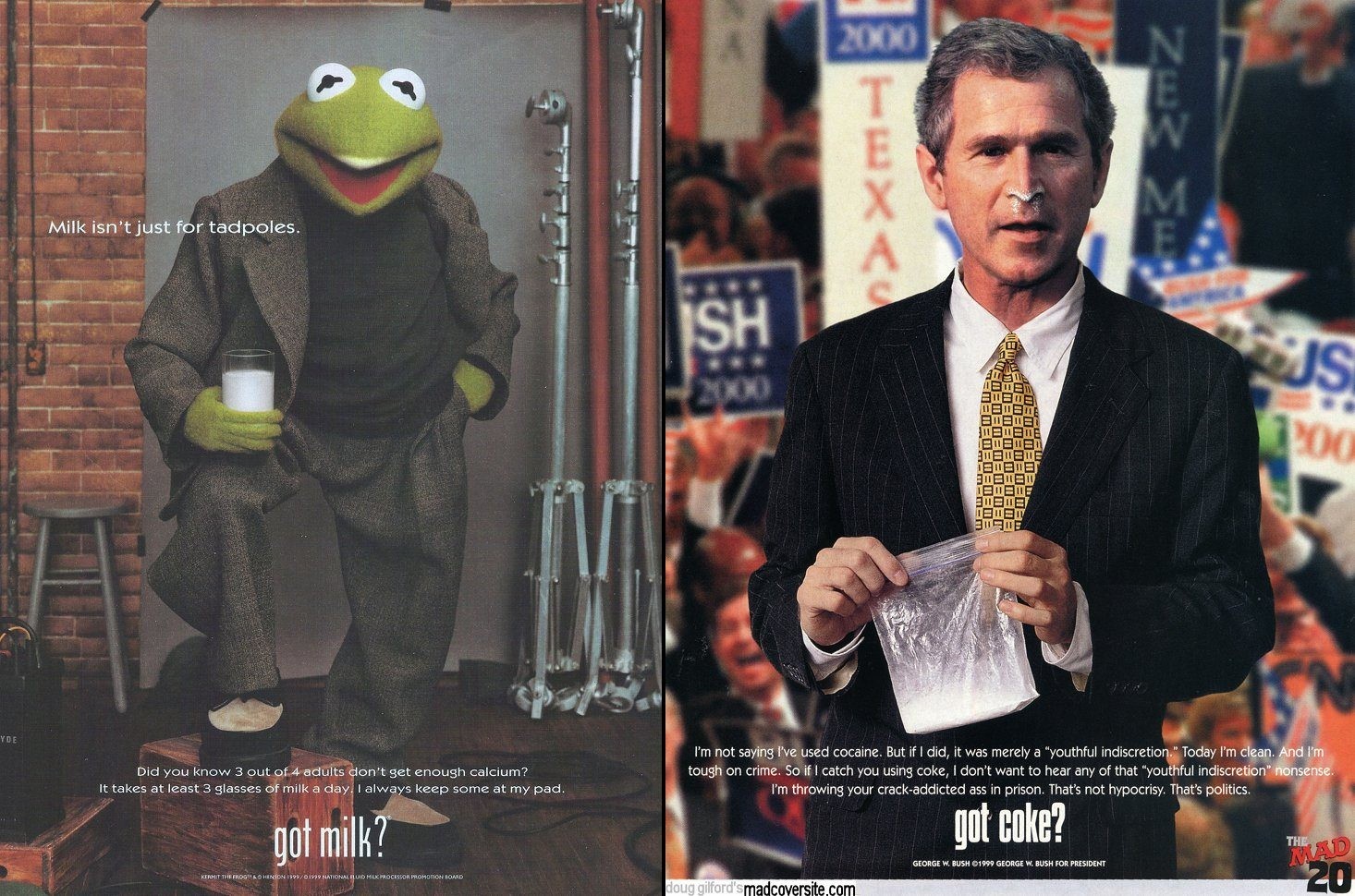 MAD Magazine #389 - "got coke?" (George W. Bush) parody of "got milk?" — Side-by-side with the real Kermit the Frog got milk? ad it parodies (madcoversite.com composite)
