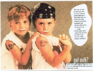 Postcard: Mary-Kate and Ashley Olsen with milk mustaches and tattoos